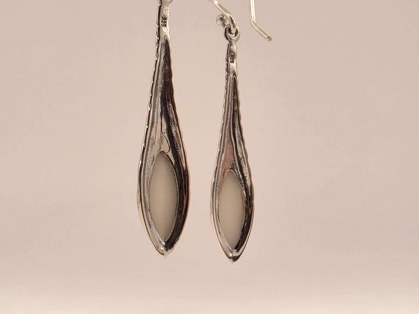 Mother of Pearl Earrings Sterling Silver Long Teardrop Twist Dangle 1.5 Inch Iridescent Shell Lightweight Gift for Her