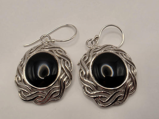Black Onyx Earrings Sterling Silver Round Cabochon Woven Halo Dangle 1 Inch 9.3 Grams Celtic Bali Statement Gift for Her
