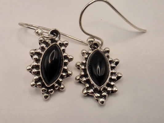 Black Onyx Earrings Sterling Silver Marquise Cabochon Beaded Sunburst Dangle 0.75 Inch Small Bali Gift for Her