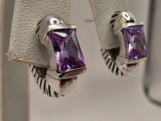 Genuine Amethyst Huggie Hoop Earrings Sterling Silver Baguette Purple Gemstone 0.5 Inch February Birthstone Gift