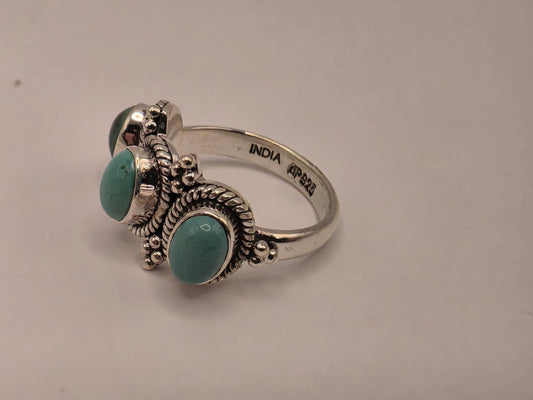 Three Stone Turquoise Ring Sterling Silver Bali Ropework Size 7 6.3 Grams Cabochon Southwest Statement Gift for Her