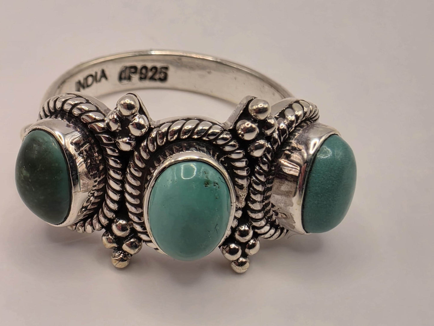 Three Stone Turquoise Ring Sterling Silver Bali Ropework Size 7 6.3 Grams Cabochon Southwest Statement Gift for Her