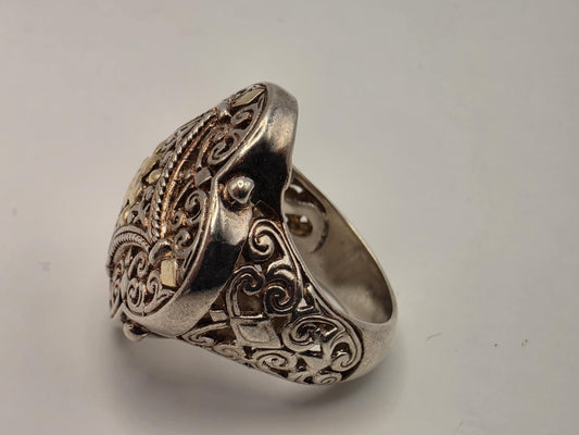 925 Sterling Silver 14k Gold Ring Balinese Scrollwork Two Tone Filigree Statement Womens Cocktail Ring Fine Jewelry Gift for Her