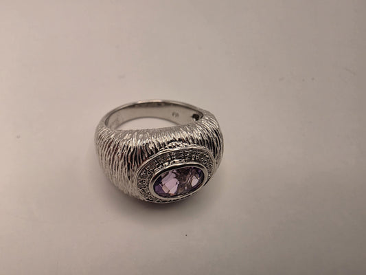925 Sterling Silver Amethyst Ring Genuine Diamond Accent Purple Gemstone Textured Dome Womens Cocktail Ring February Birthstone Gift for Her