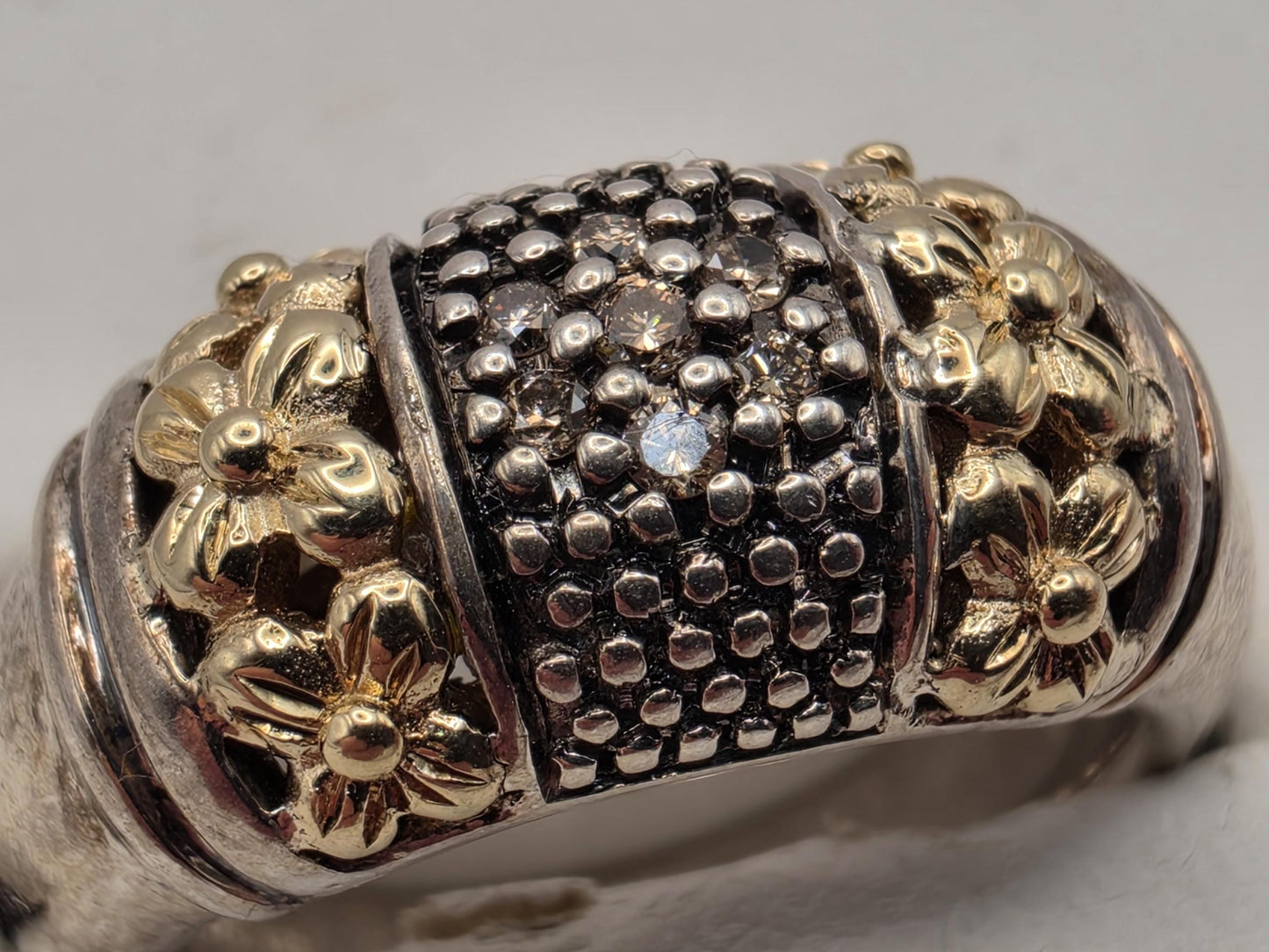 925 Sterling Silver 14k Gold Ring Floral Two Tone Pave Center Band Womens Statement Cocktail Ring Fine Jewelry Gift for Her
