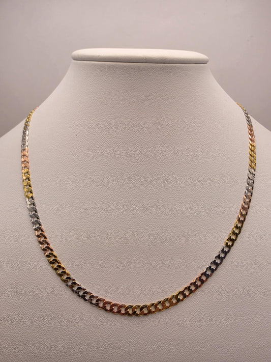 Tri Color Gold Plated Sterling Silver Cuban Link Necklace 18 Inch 4.5mm Yellow Rose White Chain Unisex Gift