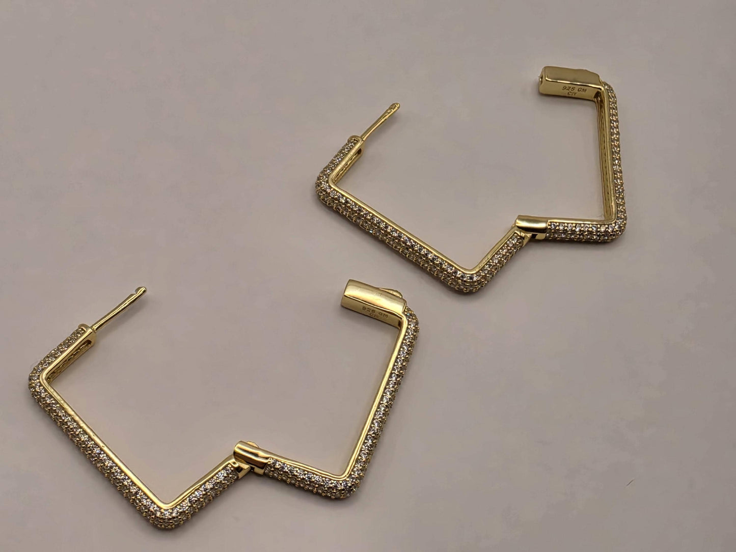 Cubic Zirconia Square Hoop Earrings Gold Plated Sterling Silver 1.125 Inch Pave Geometric Statement Gift for Her