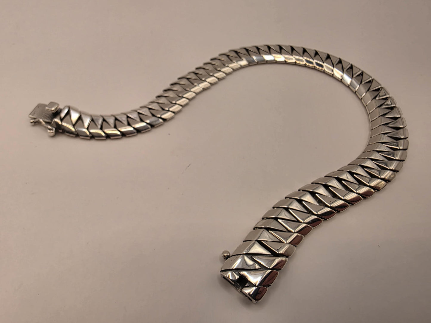 Solid 925 Sterling Silver Geometric Link Bracelet 9.5mm Mens Heavy Modern Design 8 Inch 25.4 Grams High Polish Statement Gift for Him