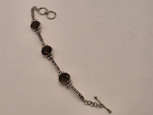 Genuine Smoky Quartz Bracelet Sterling Silver Faceted Stations Oxidized Scrollwork Toggle 7.5 Inch Brown Gemstone Gift for Her or Him