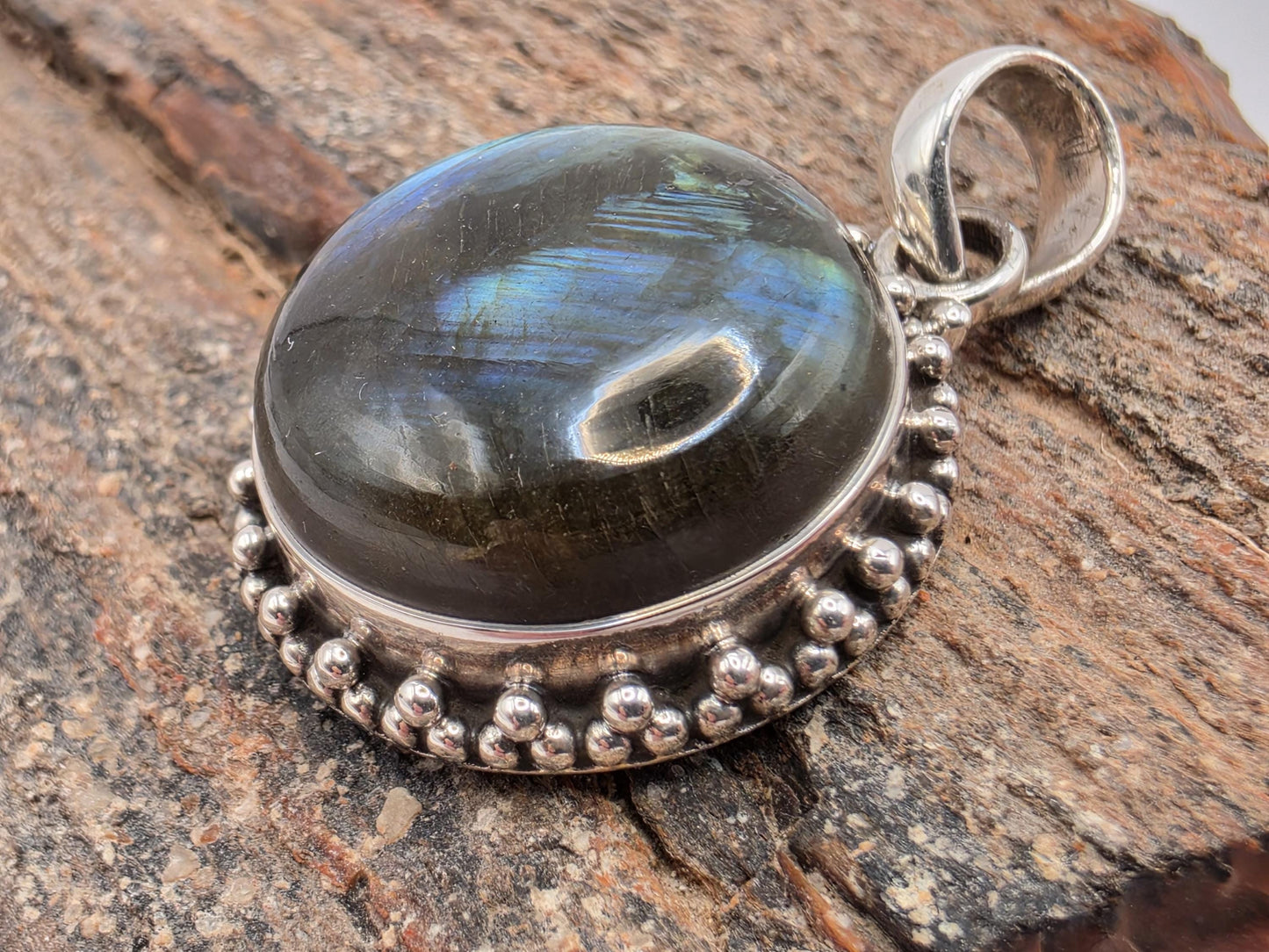 Labradorite Pendant Sterling Silver Round Cabochon Beaded Halo Frame 1 Inch Blue Green Flash Aurora Stone Mystical Gift for Her