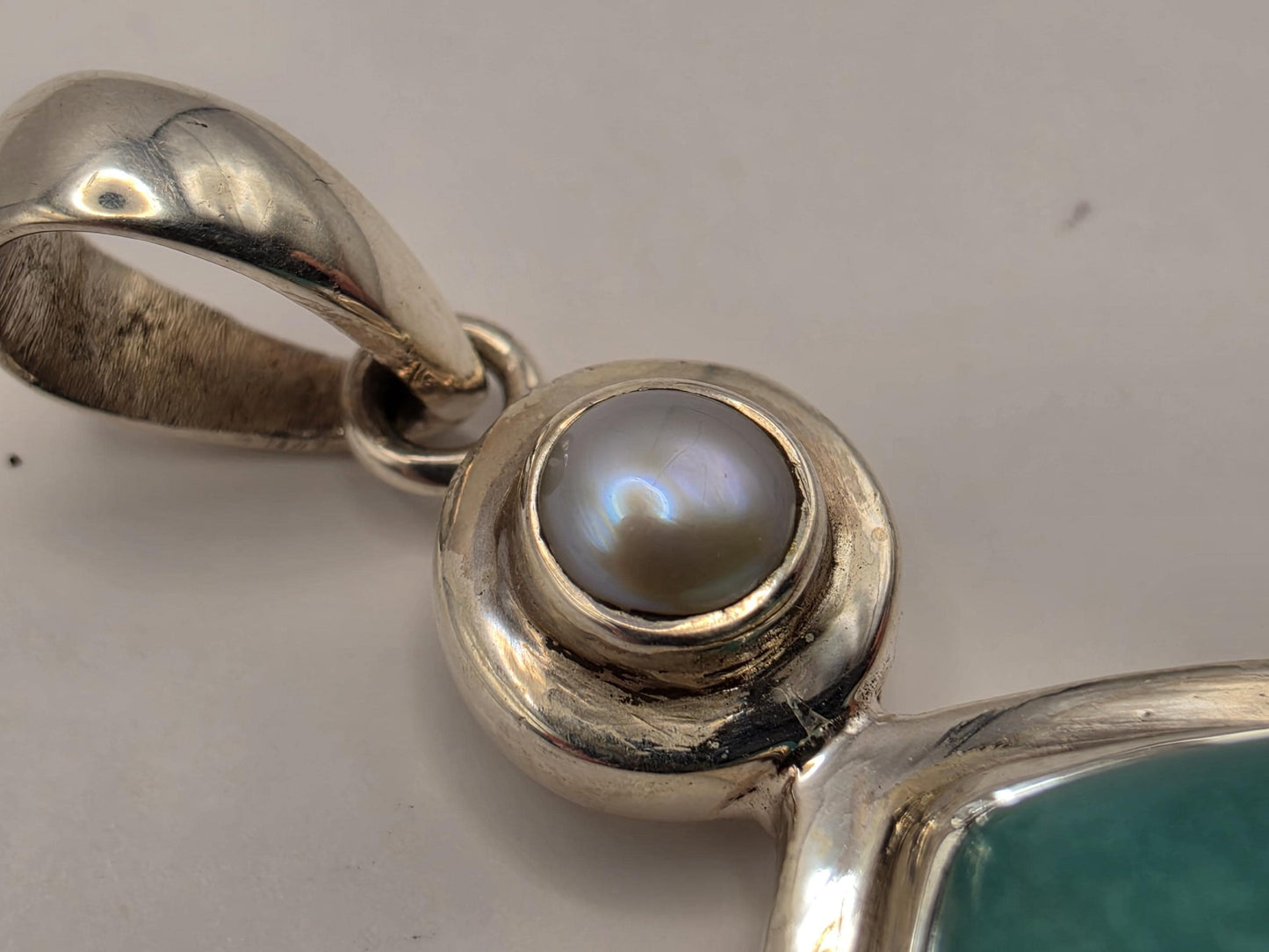 Sterling Silver Natural Turquoise Pearl Pendant 1.44 Inch 18.4 Grams Large Teardrop Gemstone Statement Jewelry