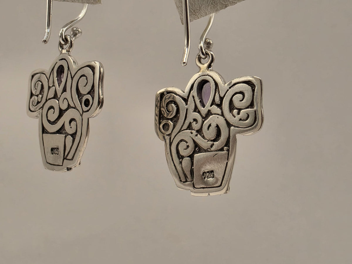 Amethyst Elephant Earrings Sterling Silver Bali Dangle 0.75 Inch Purple Gemstone Animal Lover Good Luck Gift for Her