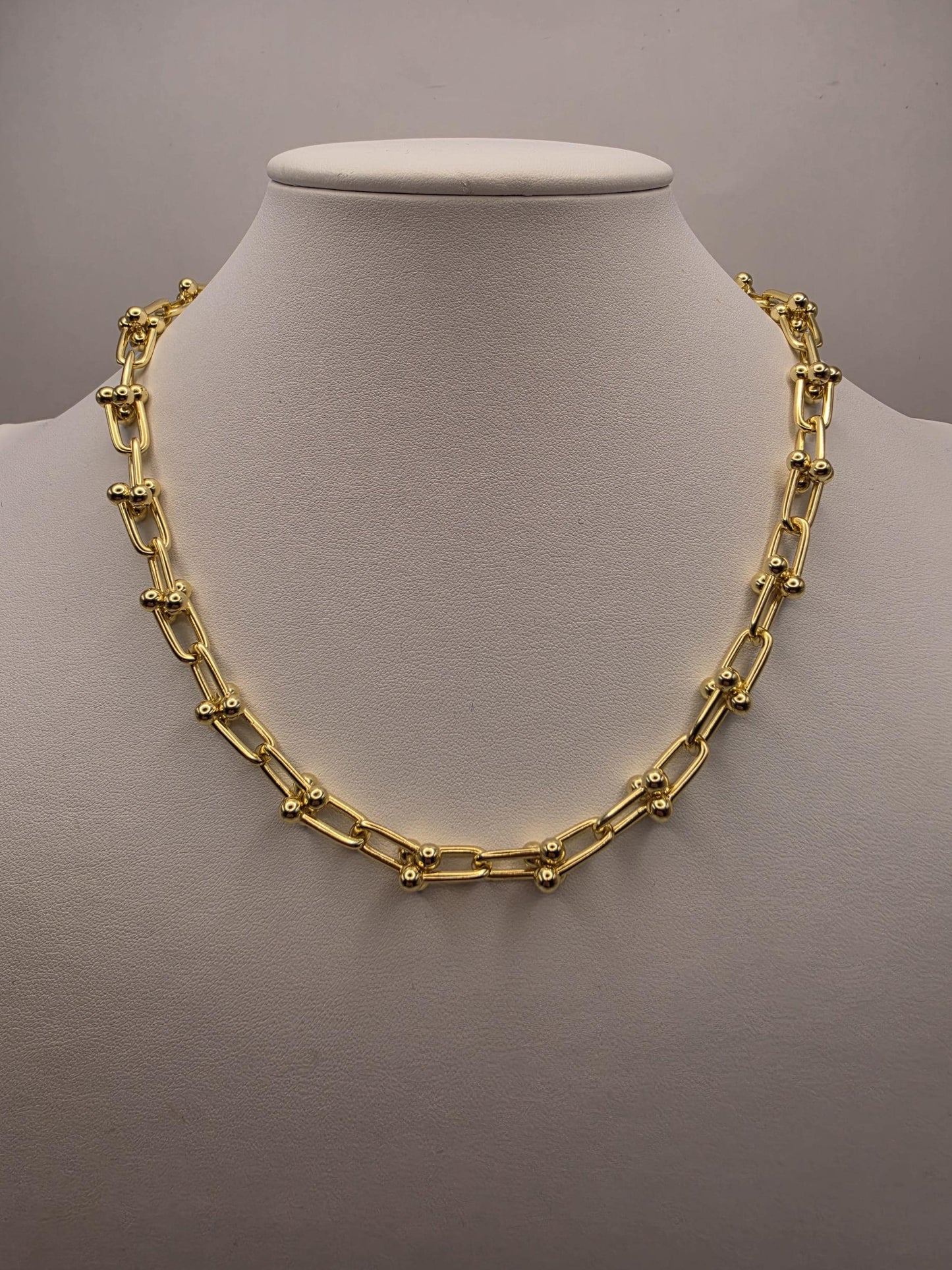 Gold Plated Silver Ball Link Necklace Paperclip Chain 18 Inch 61 Grams Chunky Unisex Hardware Carabiner Statement Jewelry