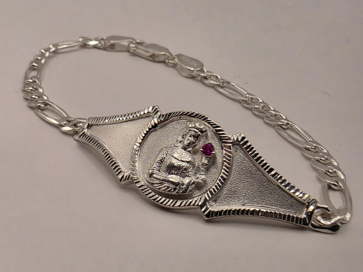 Solid 925 Sterling Silver Saint Christopher Bracelet 8 Inch Ruby Accent Religious Travel Medal Figaro Chain Catholic Gift