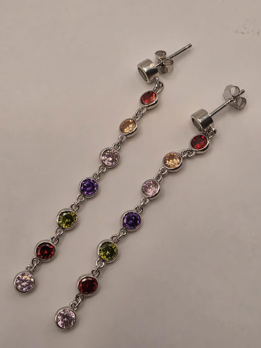 Genuine Rainbow Multigemstone Drop Earrings Solid 925 Sterling Silver 2.5 Inch Round Garnet Citrine Topaz Amethyst Peridot Gift