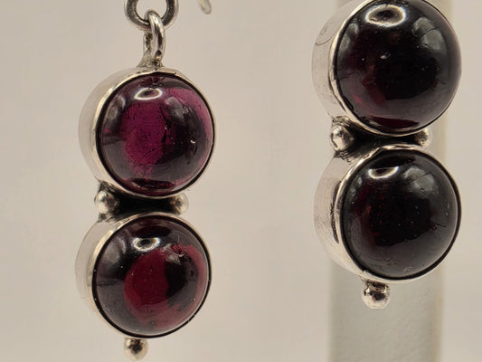 Genuine Rhodolite Garnet Drop Earrings Solid 925 Sterling Silver 1.75 Inch Double Cabochon Floral Dangle January Gift