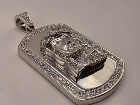 Cubic Zirconia Jesus Dog Tag Pendant Solid 925 Sterling Silver 1.375 x .875 Inch Iced Hip Hop Christian Gift