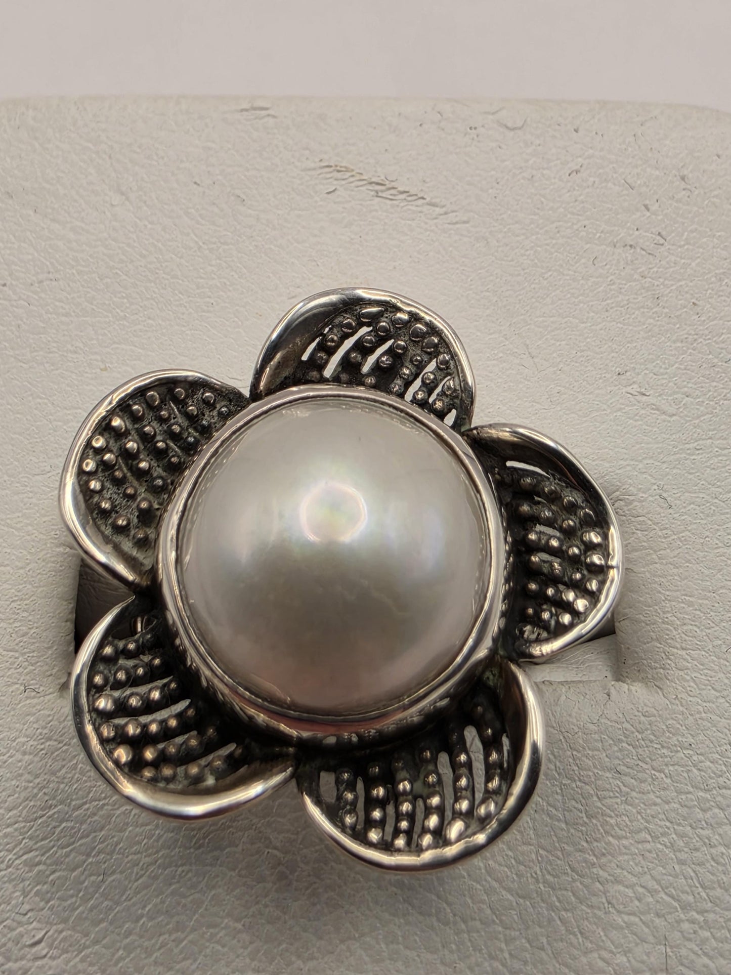 Genuine Freshwater Pearl Flower Ring Solid 925 Sterling Silver Size 8 Large Floral Cabochon Bali Statement Gift