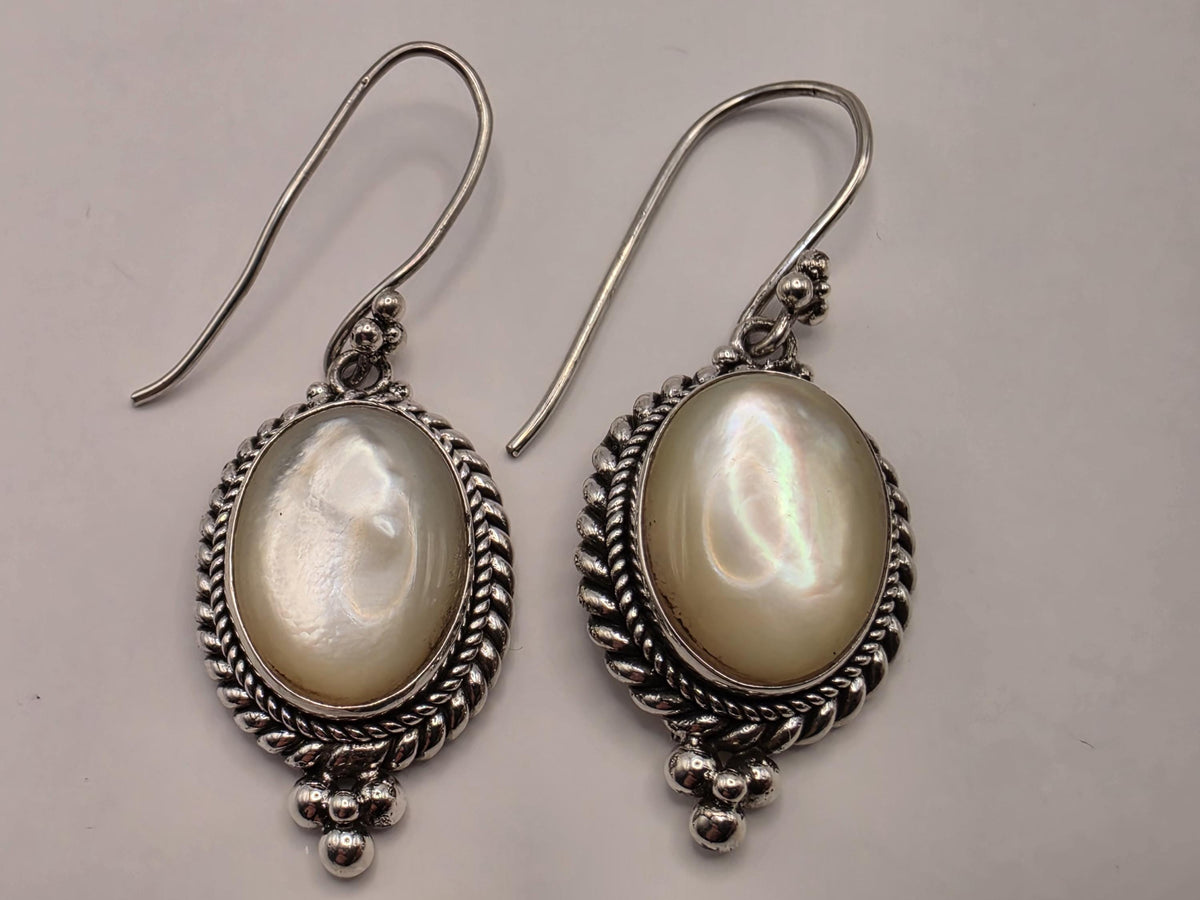Mother of Pearl Drop Earrings 925 Sterling Silver 1.25 Inch Oval Bali Rope Frame Iridescent Statement Jewelry Gift for Her