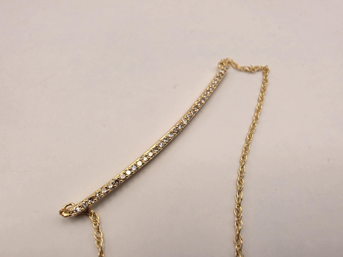 14K Yellow Gold Diamond Curved Bar Necklace 19.25 Inch Pave Minimalist Fine Jewelry