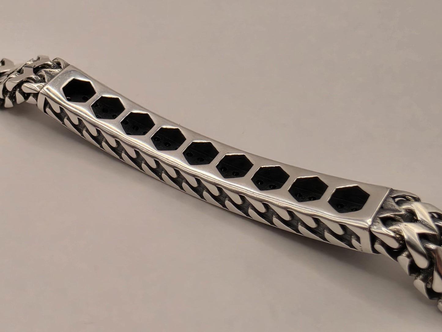 Sterling Silver Black CZ Station Bracelet 8.5 Inch 7mm 32.6 Grams Unisex Statement Jewelry Gift