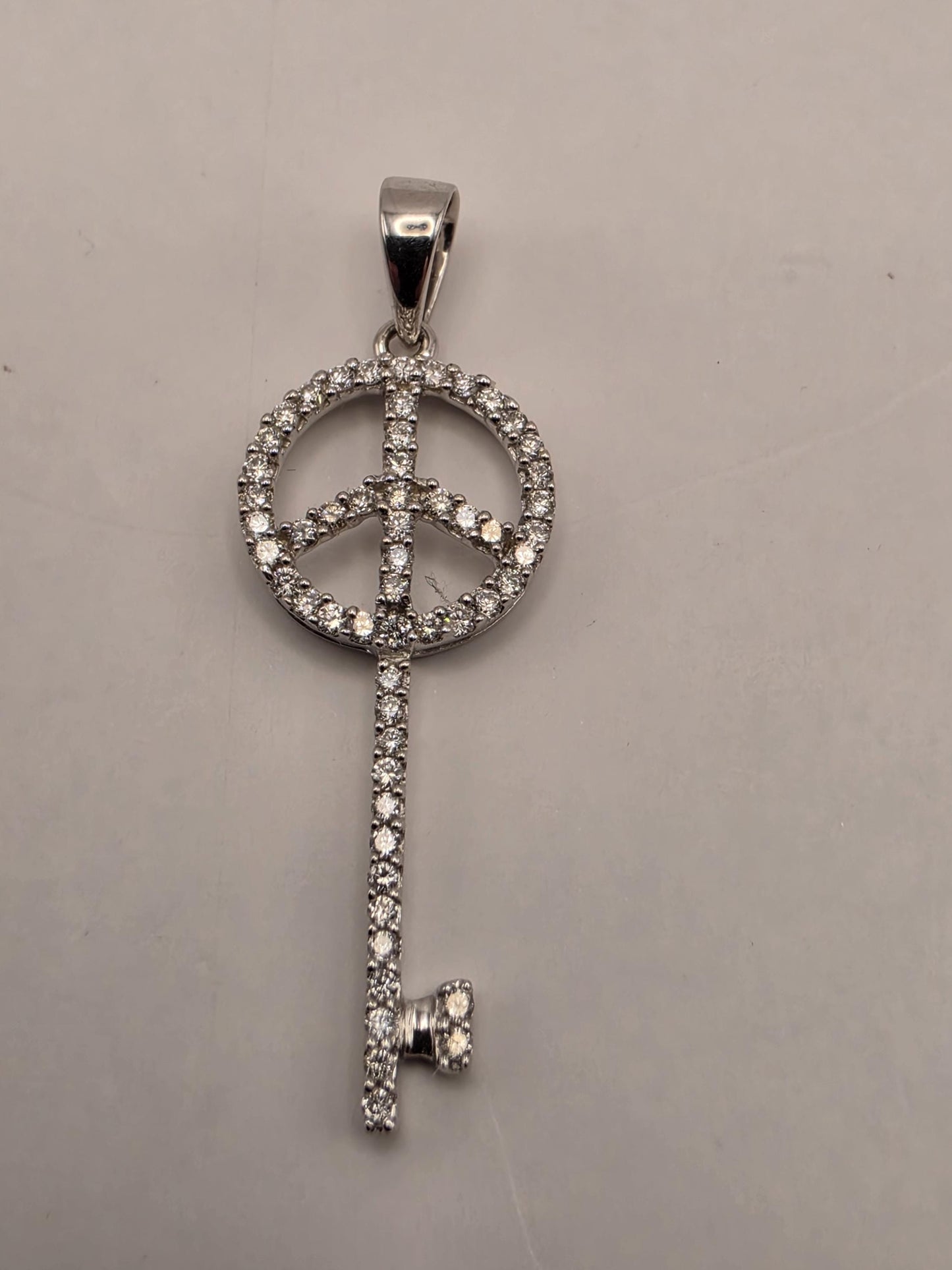 14K White Gold Diamond Peace Sign Key Pendant 25.4mm Fine Jewelry Charm