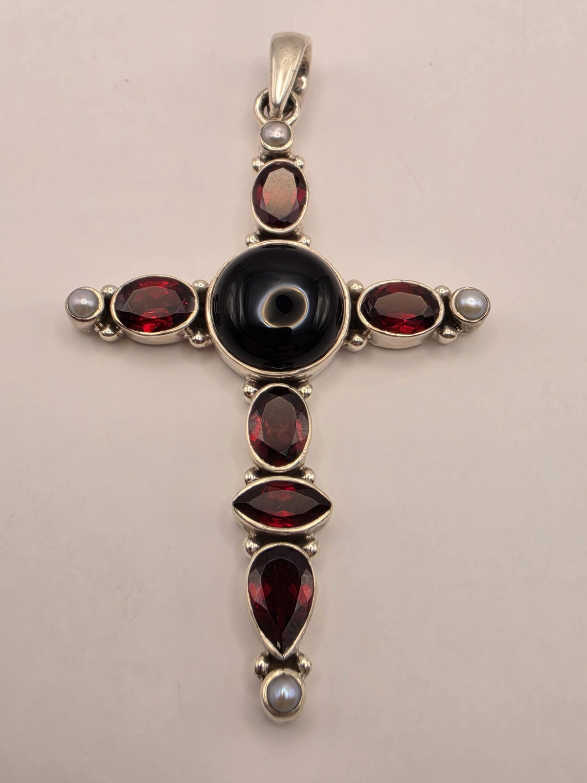 Genuine Carnelian Black Onyx Cross Pendant 925 Sterling Silver Mother of Pearl 2 Inch Bali Gemstone Religious Jewelry Gift