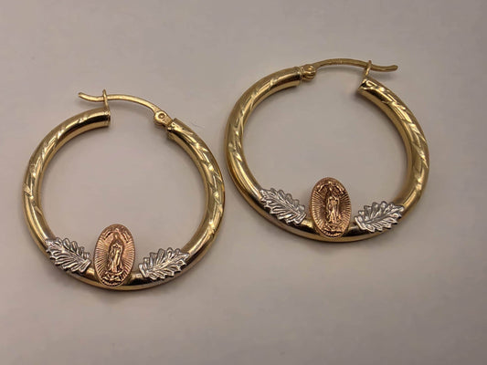 14K Tri-Color Gold Virgin Mary Hoop Earrings 1.125 Inch 2.7g Solid Gold Religious Fine Jewelry Gift