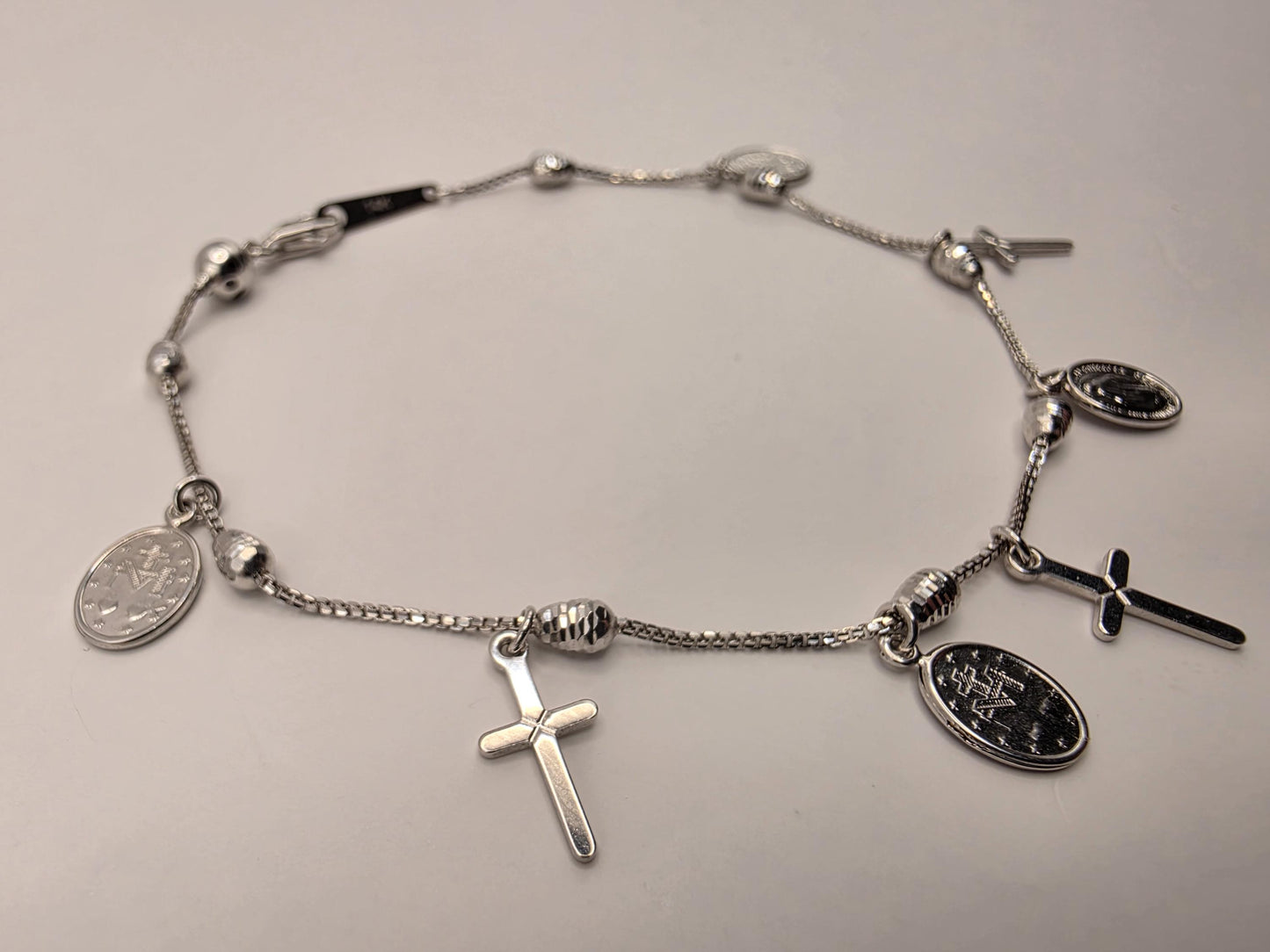14K White Gold Cross and Medallion Charm Bracelet 7.5 Inch 4.1g Solid Gold Religious Fine Jewelry Gift