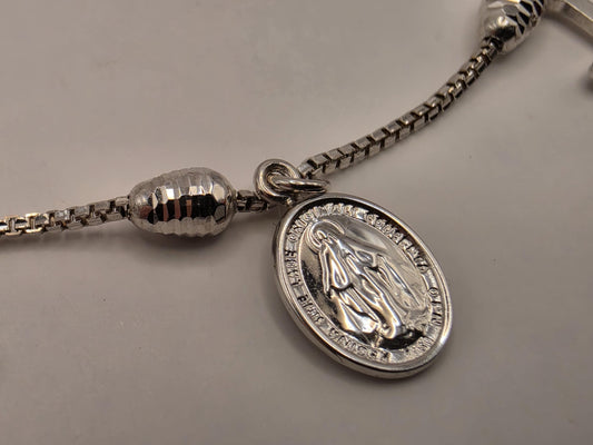 14K White Gold Cross and Medallion Charm Bracelet 7.5 Inch 4.1g Solid Gold Religious Fine Jewelry Gift