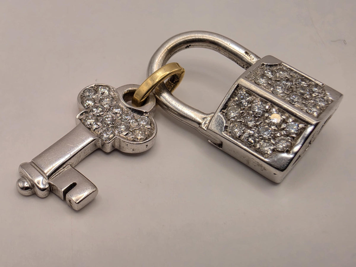 14K White & Yellow Gold Lock and Key Pendant, Lab-Grown Diamond Pavé, 5.7g Mixed Metal Fine Jewelry Charm