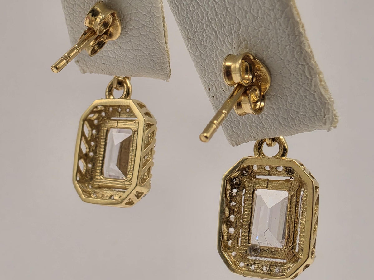 18K Yellow Gold Emerald-Cut Clear Stone Drop Earrings, Lab-Grown Diamond Halo, 3.6g Fine Jewelry