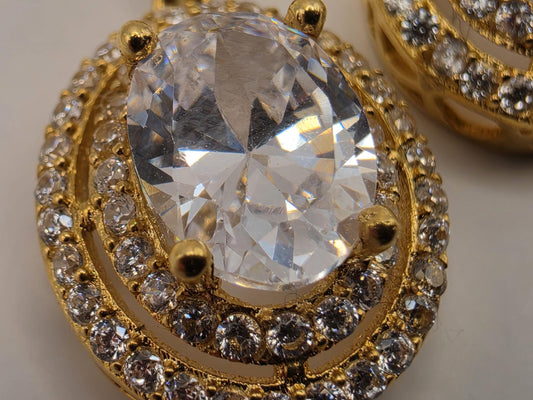 18K Yellow Gold Oval Clear Stone Drop Earrings, Lab-Grown Diamond Double Halo, 4.3g Fine Jewelry