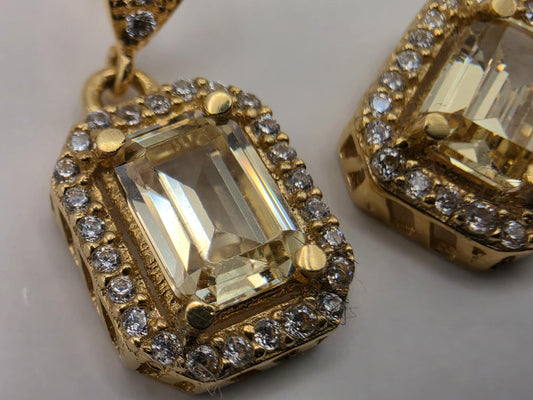 18K Yellow Gold Yellow Sapphire Drop Earrings, Lab-Grown Diamond Halo, 3.6g Fine Jewelry