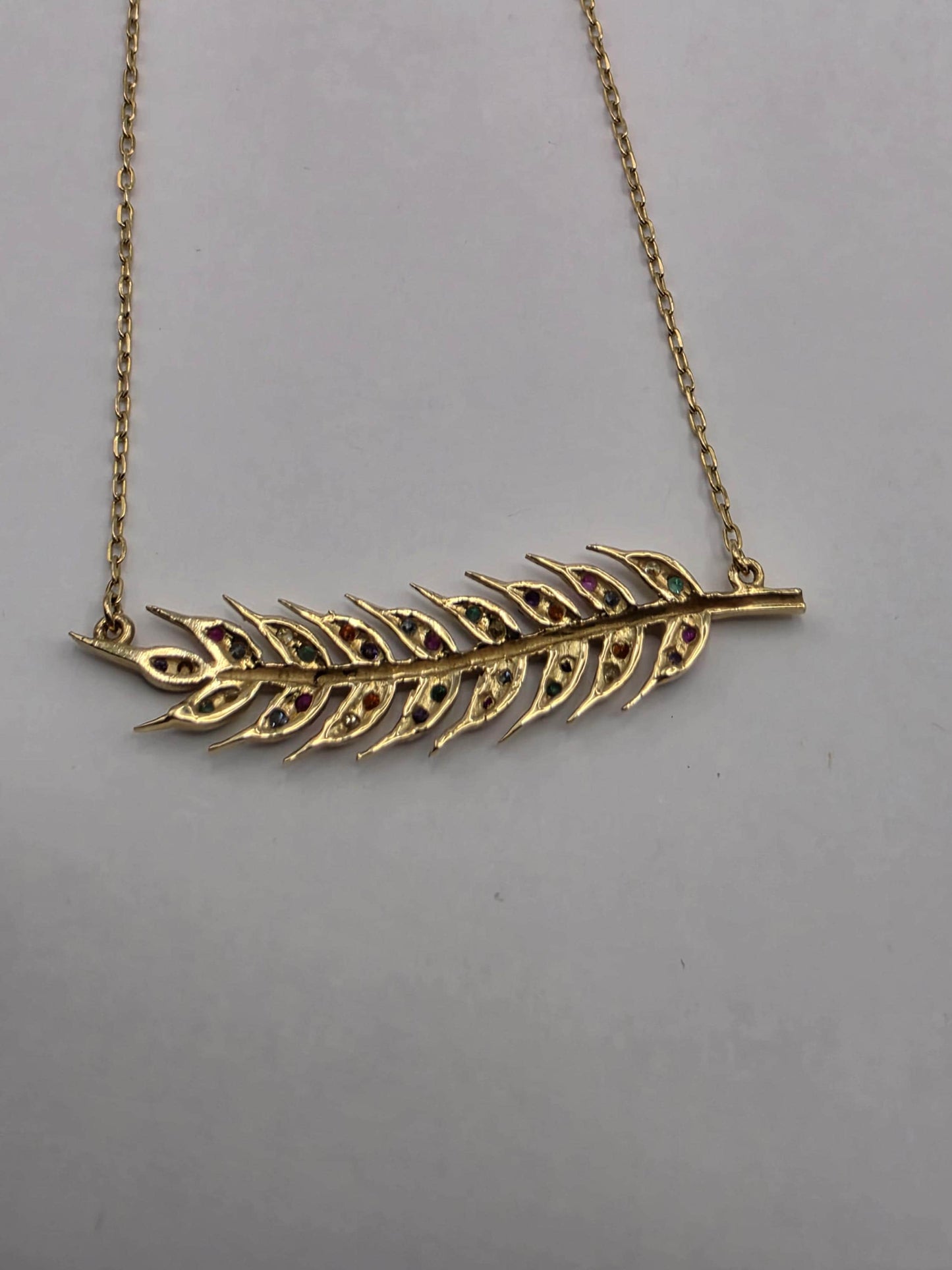 18K Yellow Gold Multicolor CZ Feather Necklace 16.75 Inch 2.7g Cubic Zirconia Solid Gold Fine Jewelry Gift for Her