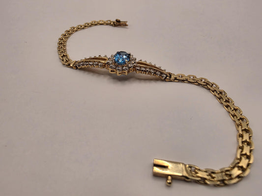 14K Yellow Gold Blue Topaz Halo Bracelet 7 Inch 9.1g Solid Gold Fine Jewelry Gift for Her