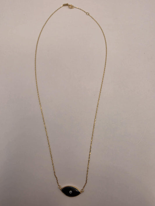 18K Yellow Gold Black Enamel Lab Diamond Evil Eye Necklace 16.5 Inch 2.3g Solid Gold Protection Amulet Fine Jewelry