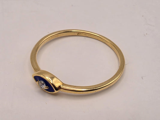 18K Yellow Gold Blue Enamel Evil Eye Ring, Lab-Grown Diamond Accents, Size 7, 1.5g Fine Jewelry