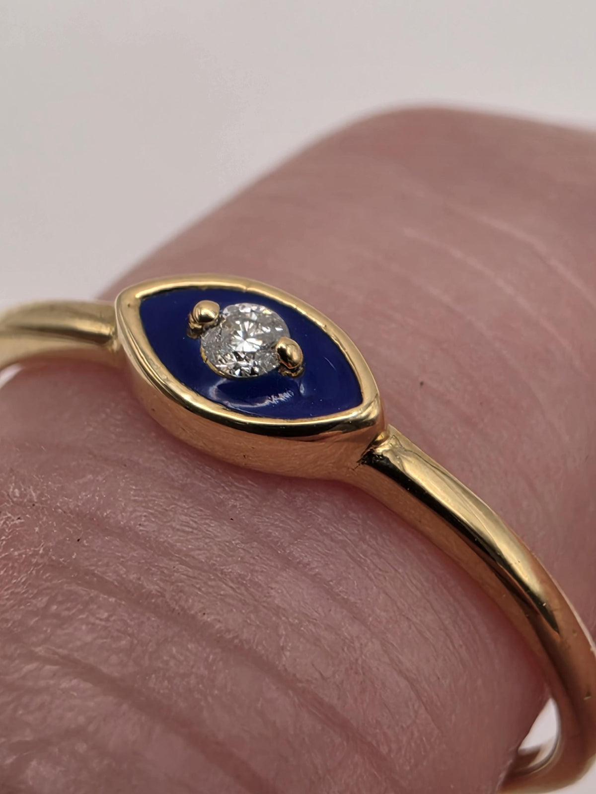 18K Yellow Gold Blue Enamel Evil Eye Ring, Lab-Grown Diamond Accents, Size 7, 1.5g Fine Jewelry