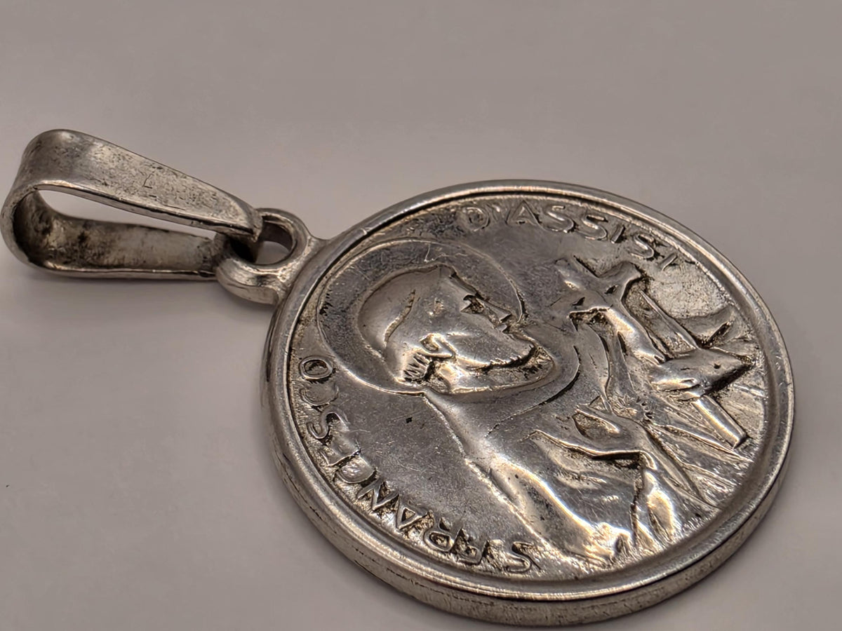 Sterling Silver Saint Francis Medal Pendant | Round Catholic Religious Charm