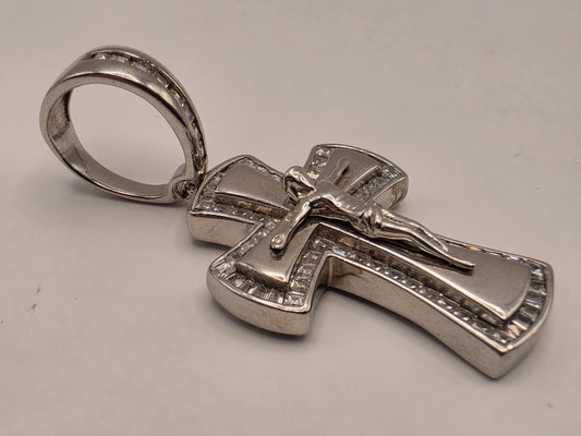 Sterling Silver CZ Crucifix Cross Pendant | Baguette Border Layered Design