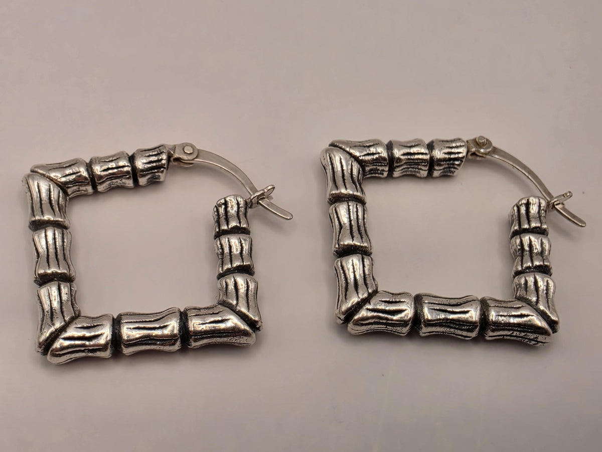 Sterling Silver Square Bamboo Hoop Earrings | Textured Geometric Hoops