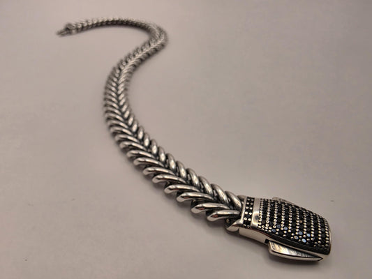 Sterling Silver Chevron Chain Bracelet, 8.5 Inch, 9mm, Black CZ Clasp