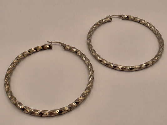 Sterling Silver Textured Twist Hoop Earrings, 2 Inch, 7.4g Pair