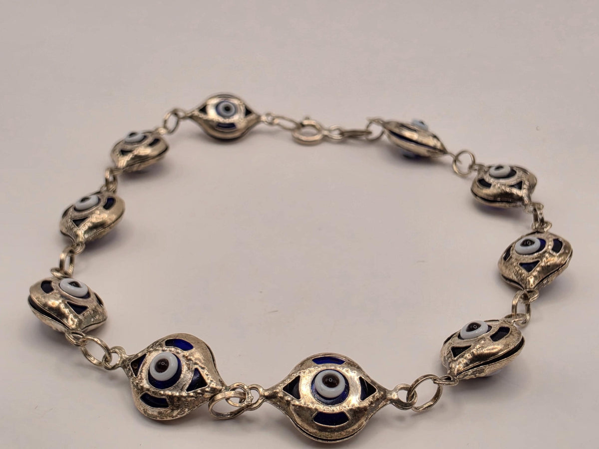 Sterling Silver Evil Eye Link Bracelet 7.5 Inch 8.5mm Blue Enamel Nazar Protection Jewelry | Clamdiggers Forge