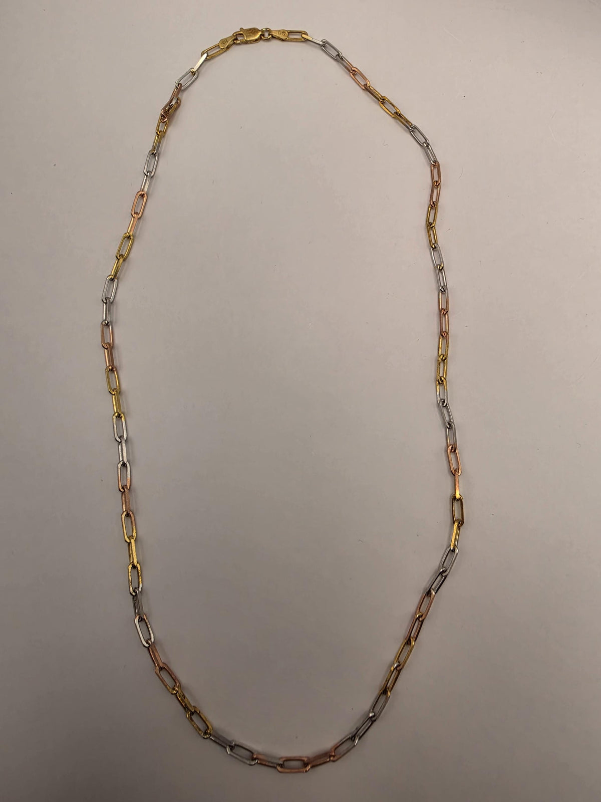 Tri Color Gold Plated Sterling Silver Paperclip Necklace 20 Inch 3mm Mixed Metal Link Chain | Clamdiggers Forge