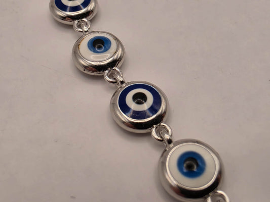 Sterling Silver Blue Evil Eye Station Bracelet 8 Inch 6.3mm Nazar Protection Jewelry | Clamdiggers Forge