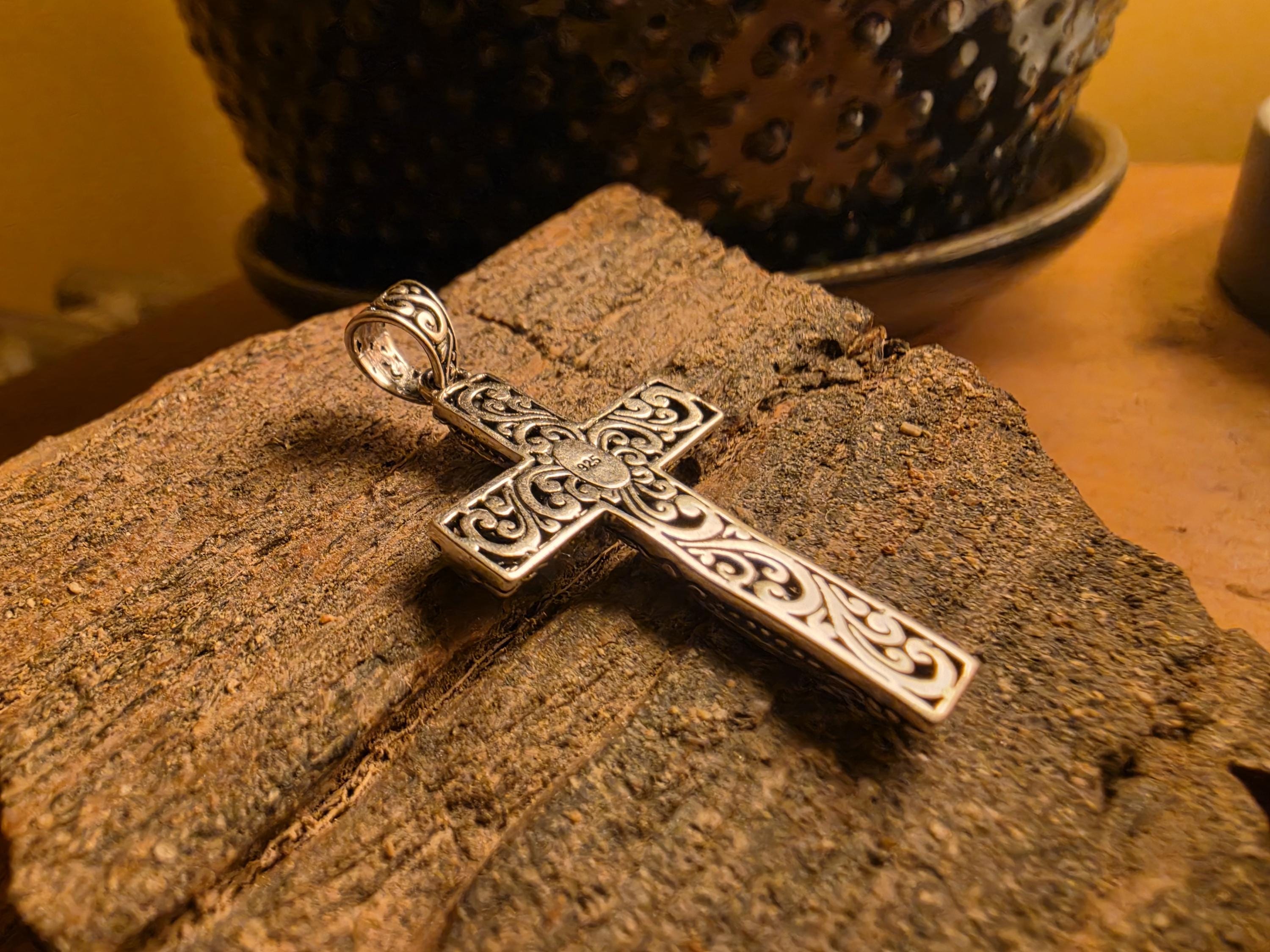 925 Sterling Silver Filigree Scroll Cross Pendant | 7 Grams | Ornate Bali Style Cross Charm | Religious Jewelry | Gift for Her Him
