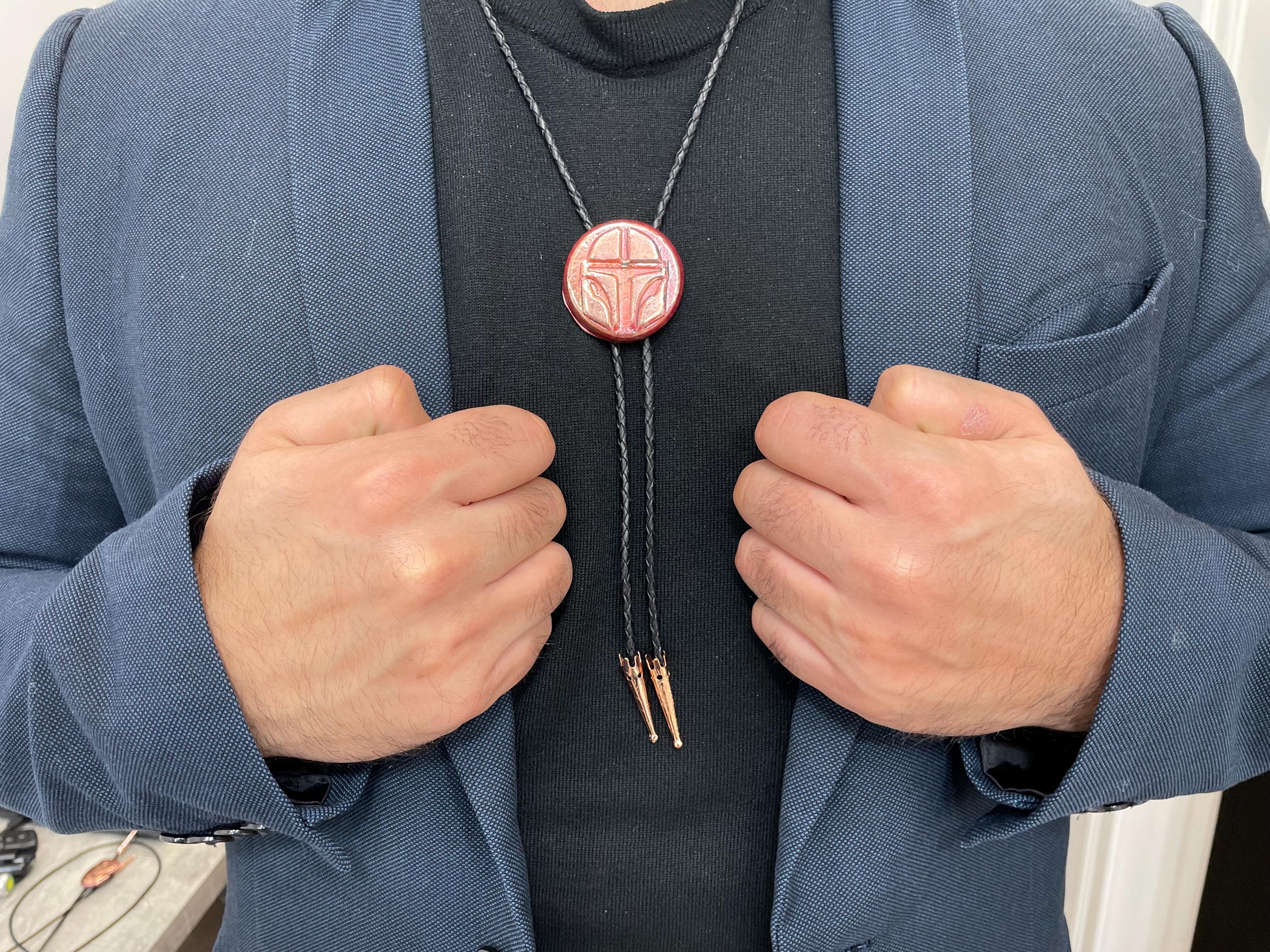 Copper Mandalorian Bolo Tie – Hand Cast Star Wars Inspired Bolo, Solid Copper, Handmade Western Jewelry