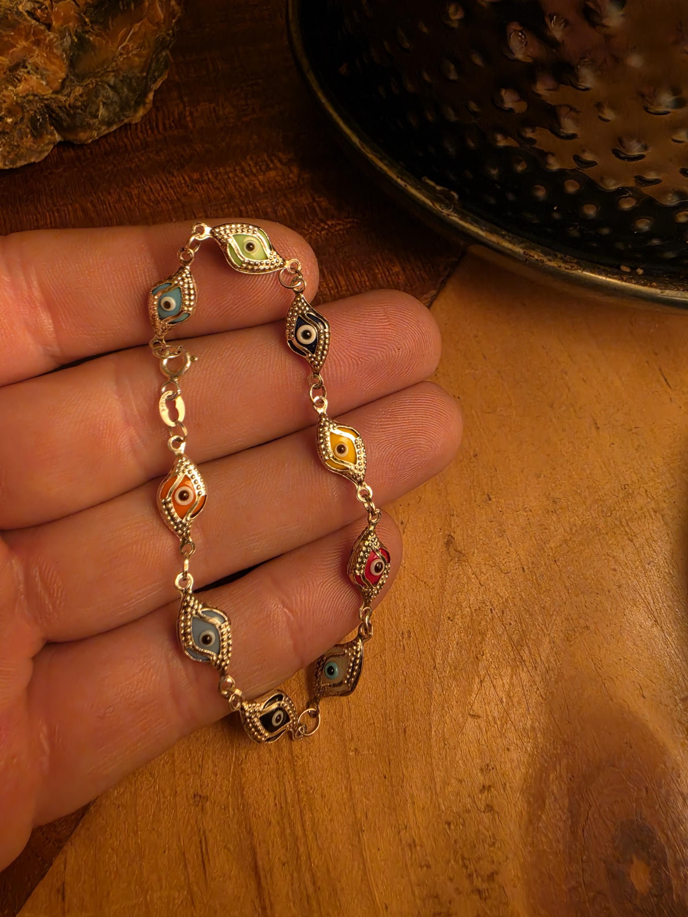 Multi Color Evil Eye Link Bracelet | 925 Sterling Silver | Diamond Shape Nazar Charm Bracelet | Protection Jewelry | Boho Stack Bracelet